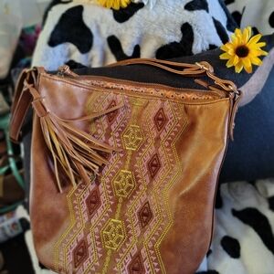 Brown Leather Embroidered Women's Bag Boho